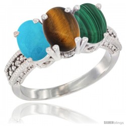 14K White Gold Natural Turquoise, Tiger Eye & Malachite Ring 3-Stone 7x5 mm Oval Diamond Accent