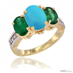 14K Yellow Gold Ladies 3-Stone Oval Natural Turquoise Ring with Emerald Sides Diamond Accent