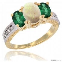 14k Yellow Gold Ladies Oval Natural Opal 3-Stone Ring with Emerald Sides Diamond Accent