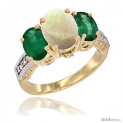 14K Yellow Gold Ladies 3-Stone Oval Natural Opal Ring with Emerald Sides Diamond Accent