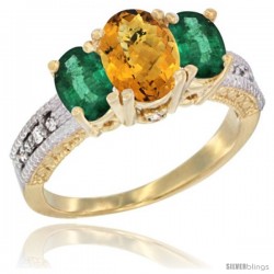 14k Yellow Gold Ladies Oval Natural Whisky Quartz 3-Stone Ring with Emerald Sides Diamond Accent