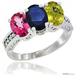 14K White Gold Natural Pink Topaz, Blue Sapphire & Lemon Quartz Ring 3-Stone 7x5 mm Oval Diamond Accent