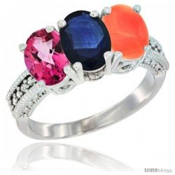 14K White Gold Natural Pink Topaz, Blue Sapphire & Coral Ring 3-Stone 7x5 mm Oval Diamond Accent