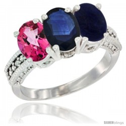 14K White Gold Natural Pink Topaz, Blue Sapphire & Lapis Ring 3-Stone 7x5 mm Oval Diamond Accent