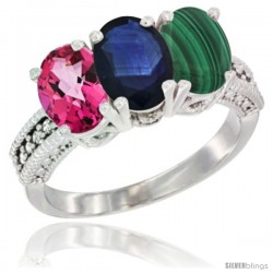 14K White Gold Natural Pink Topaz, Blue Sapphire & Malachite Ring 3-Stone 7x5 mm Oval Diamond Accent