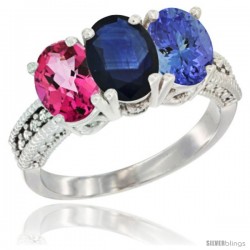 14K White Gold Natural Pink Topaz, Blue Sapphire & Tanzanite Ring 3-Stone 7x5 mm Oval Diamond Accent