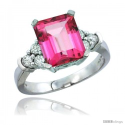 14k White Gold Ladies Natural Pink Topaz Ring Emerald-shape 9x7 Stone Diamond Accent