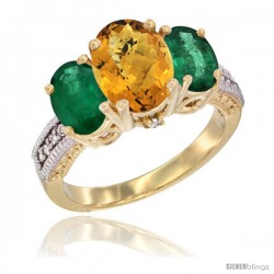 14K Yellow Gold Ladies 3-Stone Oval Natural Whisky Quartz Ring with Emerald Sides Diamond Accent