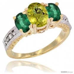 14k Yellow Gold Ladies Oval Natural Lemon Quartz 3-Stone Ring with Emerald Sides Diamond Accent