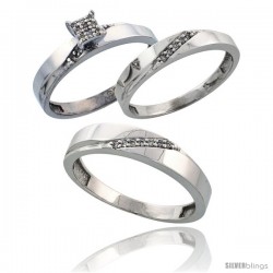 Sterling Silver Diamond Trio Wedding Ring Set His 4.5mm & Hers 3.5mm Rhodium finish -Style Ag015w3