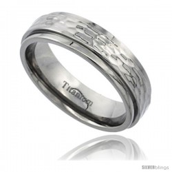 Titanium 6mm Flat Wedding Band Ring Polish Hammered Finish beveled Edges Comfort-fit