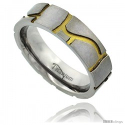 Titanium 6mm Flat Wedding Band Ring Stone Masonry Pattern Gold color Background Matte Finish Comfort-fit