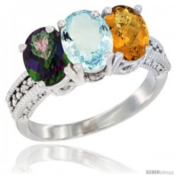 10K White Gold Natural Mystic Topaz, Aquamarine & Whisky Quartz Ring 3-Stone Oval 7x5 mm Diamond Accent