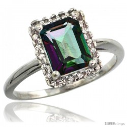 10k White Gold Diamond Mystic Topaz Ring 1.6 ct Emerald Shape 8x6 mm, 1/2 in wide