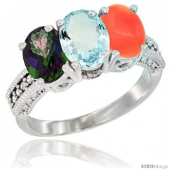 10K White Gold Natural Mystic Topaz, Aquamarine & Coral Ring 3-Stone Oval 7x5 mm Diamond Accent