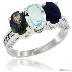 10K White Gold Natural Mystic Topaz, Aquamarine & Lapis Ring 3-Stone Oval 7x5 mm Diamond Accent