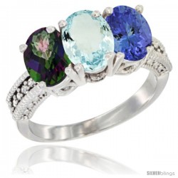 10K White Gold Natural Mystic Topaz, Aquamarine & Tanzanite Ring 3-Stone Oval 7x5 mm Diamond Accent