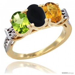 10K Yellow Gold Natural Peridot, Black Onyx & Whisky Quartz Ring 3-Stone Oval 7x5 mm Diamond Accent