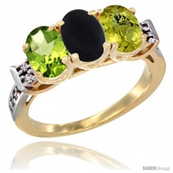 10K Yellow Gold Natural Peridot, Black Onyx & Lemon Quartz Ring 3-Stone Oval 7x5 mm Diamond Accent