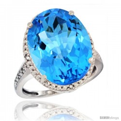 10k White Gold Diamond Swiss Blue Topaz Ring 13.56 Carat Oval Shape 18x13 mm, 3/4 in (20mm) wide