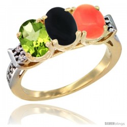 10K Yellow Gold Natural Peridot, Black Onyx & Coral Ring 3-Stone Oval 7x5 mm Diamond Accent