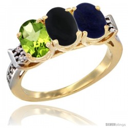 10K Yellow Gold Natural Peridot, Black Onyx & Lapis Ring 3-Stone Oval 7x5 mm Diamond Accent