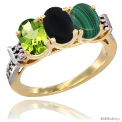 10K Yellow Gold Natural Peridot, Black Onyx & Malachite Ring 3-Stone Oval 7x5 mm Diamond Accent