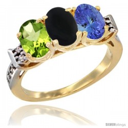 10K Yellow Gold Natural Peridot, Black Onyx & Tanzanite Ring 3-Stone Oval 7x5 mm Diamond Accent