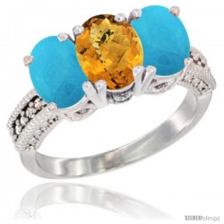 14K White Gold Natural Whisky Quartz & Turquoise Sides Ring 3-Stone 7x5 mm Oval Diamond Accent