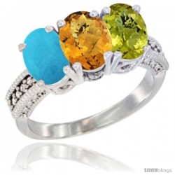 14K White Gold Natural Turquoise, Whisky Quartz & Lemon Quartz Ring 3-Stone 7x5 mm Oval Diamond Accent