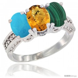 14K White Gold Natural Turquoise, Whisky Quartz & Malachite Ring 3-Stone 7x5 mm Oval Diamond Accent