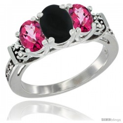 14K White Gold Natural Black Onyx & Pink Topaz Ring 3-Stone Oval with Diamond Accent