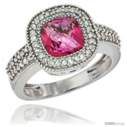 14k White Gold Ladies Natural Pink Topaz Ring Cushion-cut 3.5 ct. 7x7 Stone Diamond Accent