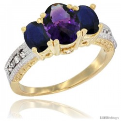 14k Yellow Gold Ladies Oval Natural Amethyst 3-Stone Ring with Blue Sapphire Sides Diamond Accent