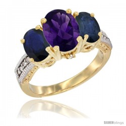 14K Yellow Gold Ladies 3-Stone Oval Natural Amethyst Ring with Blue Sapphire Sides Diamond Accent