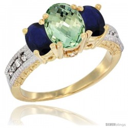 14k Yellow Gold Ladies Oval Natural Green Amethyst 3-Stone Ring with Blue Sapphire Sides Diamond Accent