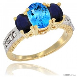 14k Yellow Gold Ladies Oval Natural Swiss Blue Topaz 3-Stone Ring with Blue Sapphire Sides Diamond Accent