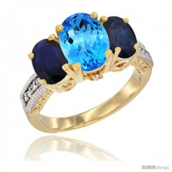 14K Yellow Gold Ladies 3-Stone Oval Natural Swiss Blue Topaz Ring with Blue Sapphire Sides Diamond Accent