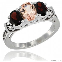 14K White Gold Natural Morganite & Garnet Ring 3-Stone Oval with Diamond Accent