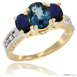 14k Yellow Gold Ladies Oval Natural London Blue Topaz 3-Stone Ring with Blue Sapphire Sides Diamond Accent