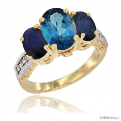 14K Yellow Gold Ladies 3-Stone Oval Natural London Blue Topaz Ring with Blue Sapphire Sides Diamond Accent