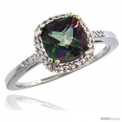 10k White Gold Diamond Mystic Topaz Ring 1.5 ct Checkerboard Cut Cushion Shape 7 mm, 3/8 in wide