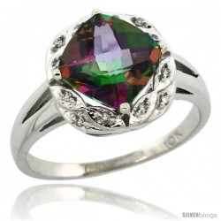 10k White Gold Diamond Halo Mystic Topaz Ring 2.7 ct Checkerboard Cut Cushion Shape 8 mm, 1/2 in wide