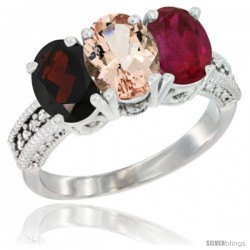 14K White Gold Natural Garnet, Morganite & Ruby Ring 3-Stone 7x5 mm Oval Diamond Accent