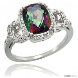 10k White Gold Diamond Mystic Topaz Ring 2 ct Checkerboard Cut Cushion Shape 9x7 mm, 1/2 in wide