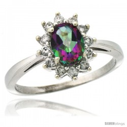 10k White Gold Diamond Halo Mystic Topaz Ring 0.85 ct Oval Stone 7x5 mm, 1/2 in wide