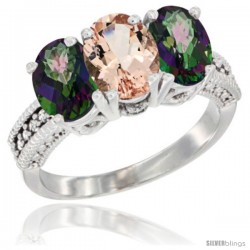 10K White Gold Natural Morganite & Mystic Topaz Sides Ring 3-Stone Oval 7x5 mm Diamond Accent