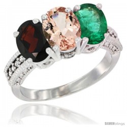 14K White Gold Natural Garnet, Morganite & Emerald Ring 3-Stone 7x5 mm Oval Diamond Accent