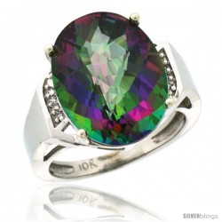 10k White Gold Diamond Mystic Topaz Ring 9.7 ct Large Oval Stone 16x12 mm, 5/8 in wide