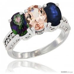 10K White Gold Natural Mystic Topaz, Morganite & Blue Sapphire Ring 3-Stone Oval 7x5 mm Diamond Accent